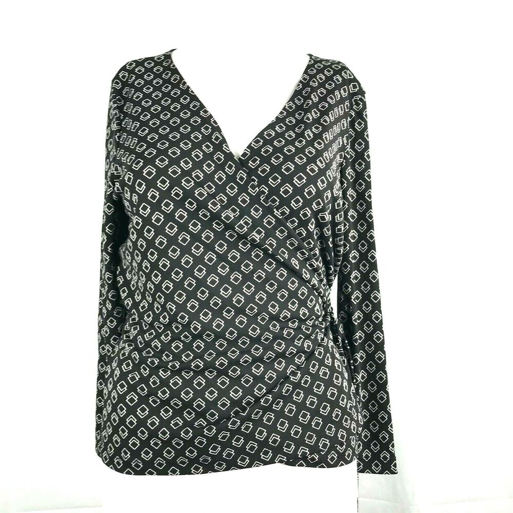 DKNY‎ City Shirt Womens Sz M Black Diamond Print Long Sleeve Wrap Blouse